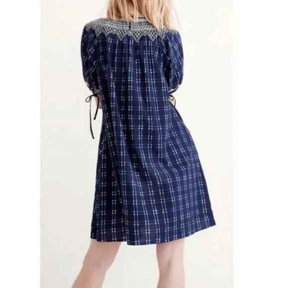 Madewell Embroidered Puff Sleeve Babydoll Mini Dress Indigo Plaid XS Navy Blue - Picture 3 of 12